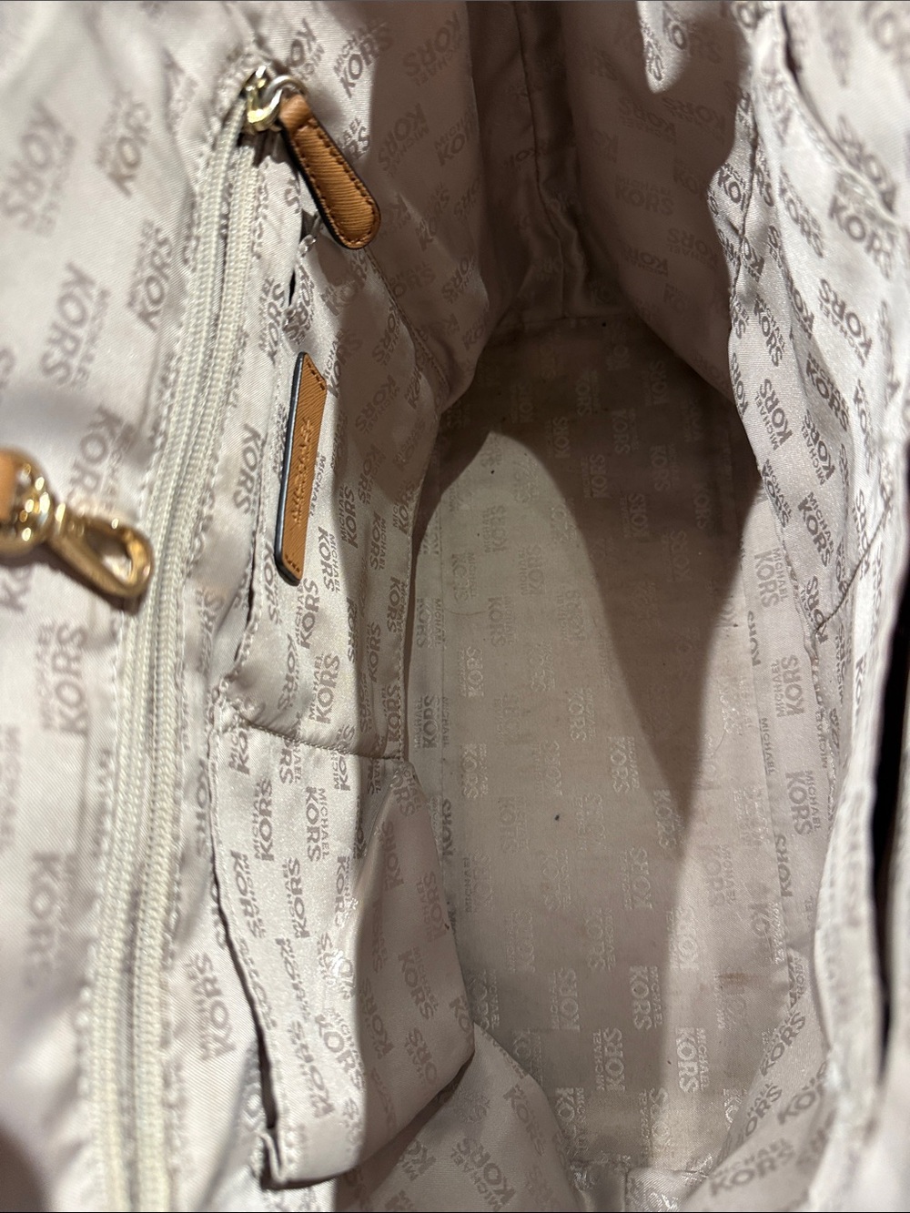 Michael Kors Cream Signature MK Tote with tan Leather Trim - Picture 6 of 9